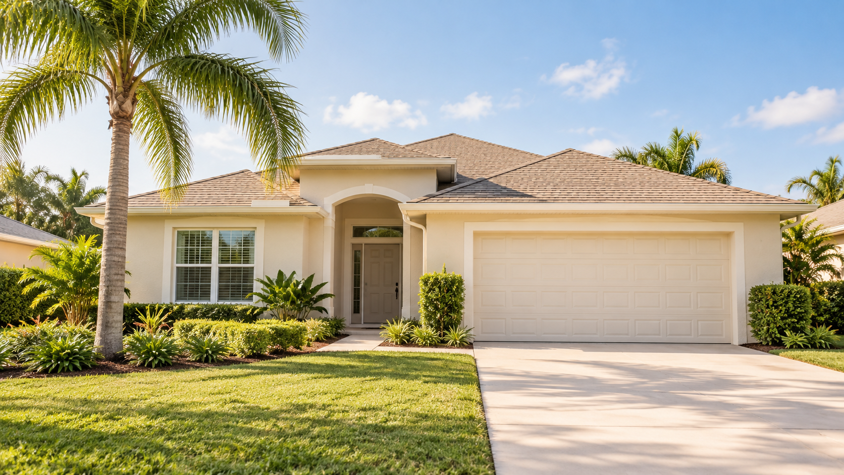 AI-generated illustration of a cream single-story Florida home inspired by Port St. Lucie, not an actual listing